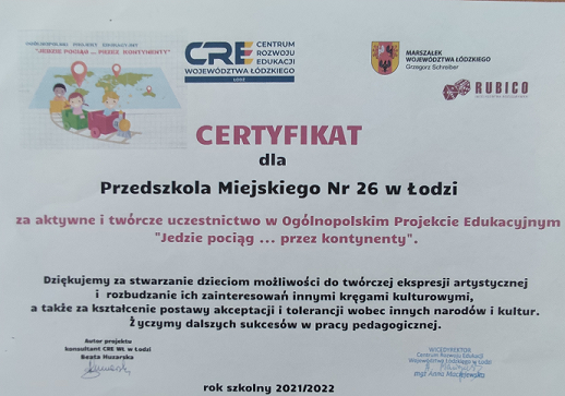 Certyfikat ukończenia projektu edukacyjnego "Jedzie pocią przez kontynenty"